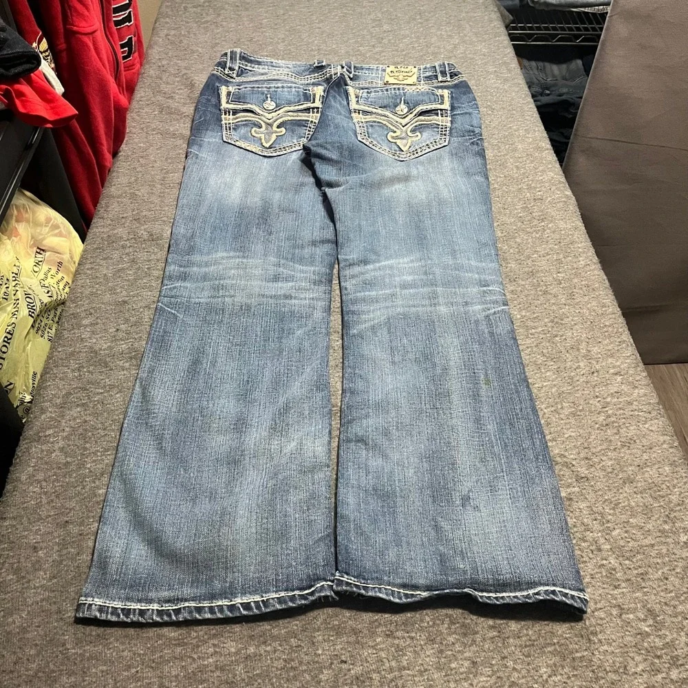 Rock Revival Pietro Bootcut Jeans Mens 36x32 Blue Distressed Thick Stitch Denim